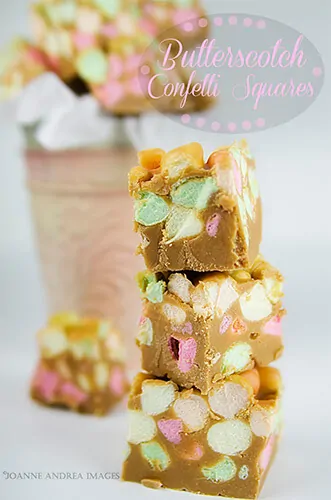 Creamy fluffy and buttery scotchy! these Butterscotch confetti squares (Peanut butter marshmallow squares) are incredibly easy to make and are a perfect fit for any party. The confetti marshmallows make it festive!