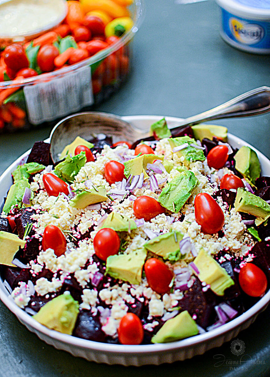 This Beet, Avocado and Feta salad is a home run. Served in a white plate, the colors of the salad contrast beautifully, the flavors are outstanding!