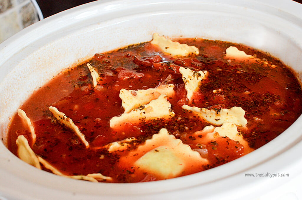 Ravioli soup made in the slow cooker