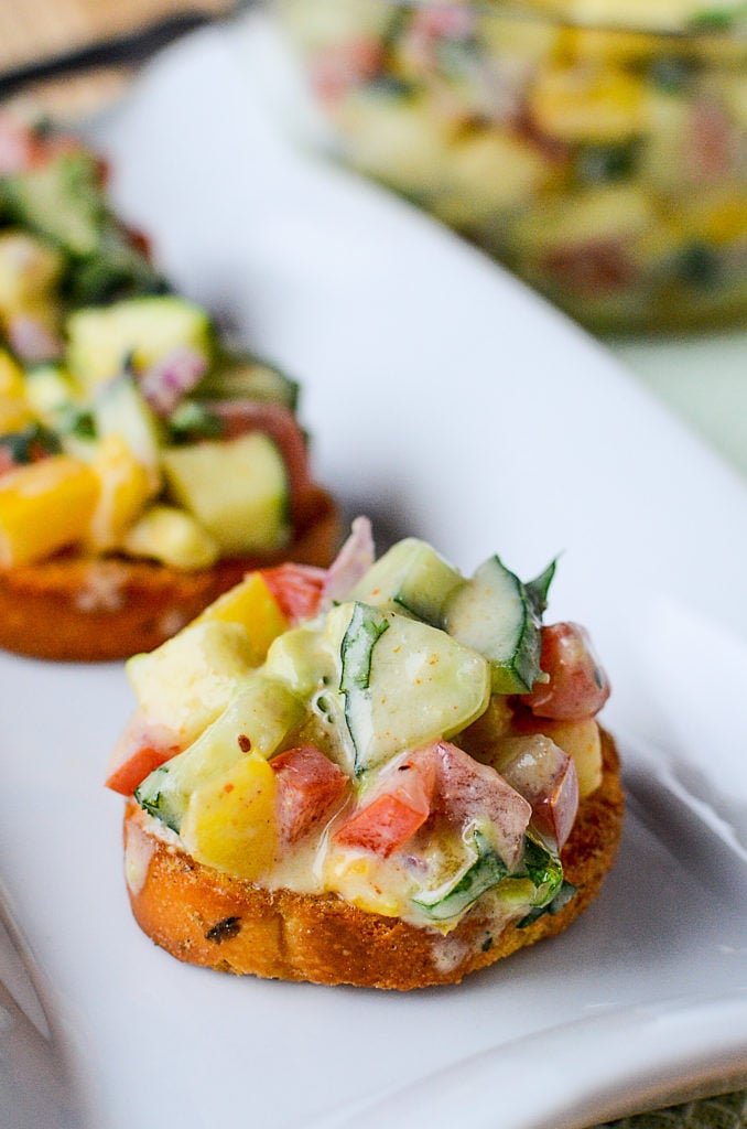 Cucumber avocado salsa on a crostini.