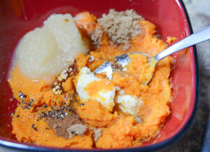 The yummy part where the sweet potato mash is mixed with all the extra yummy ingredients!