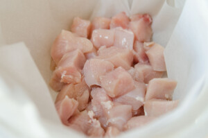 Cubed chicken in the crockpot for the stew