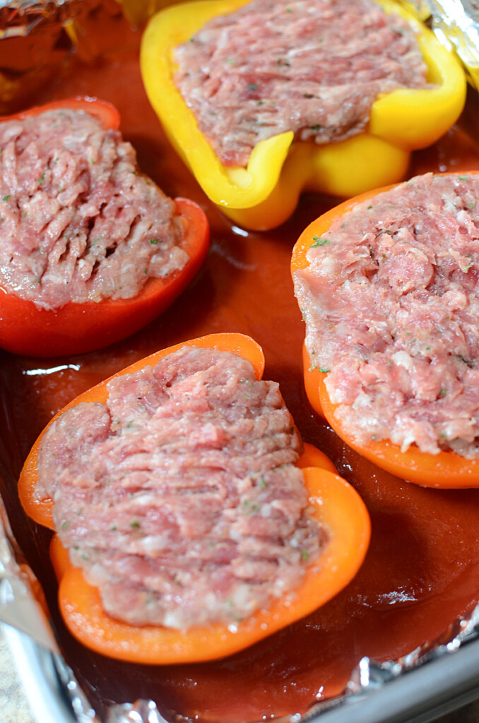 Savory sausage stuffed sweet peppers with parmesan