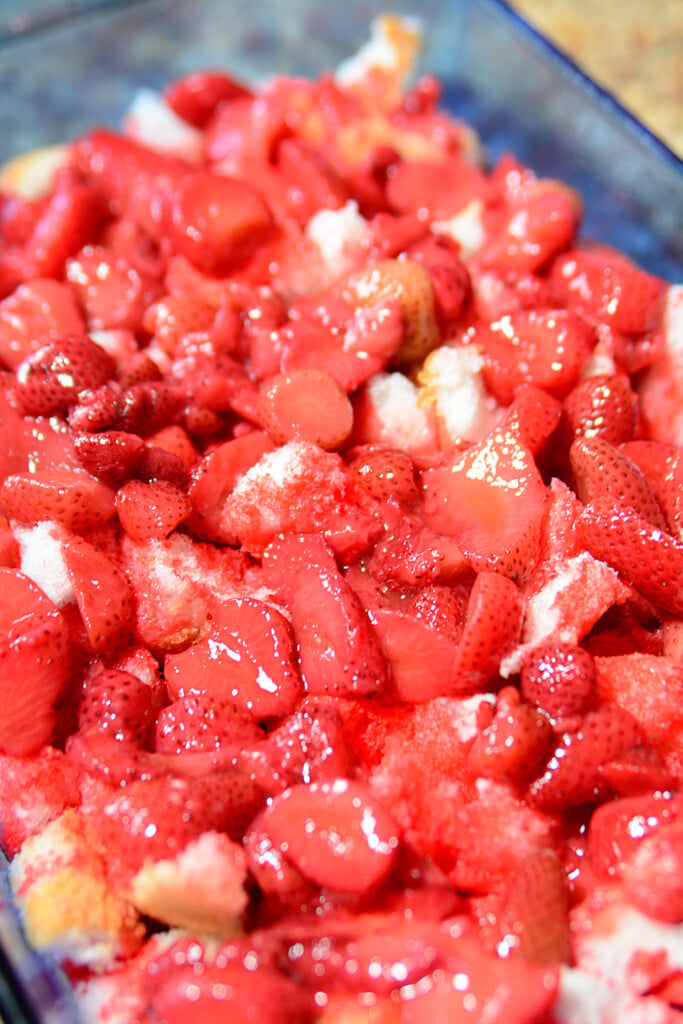 sweet and yummy strawberry angel food cake with whipped cream and vanilla pudding