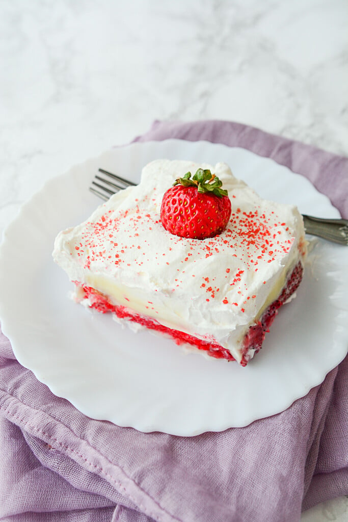 sweet and yummy strawberry angel food cake with whipped cream and vanilla pudding