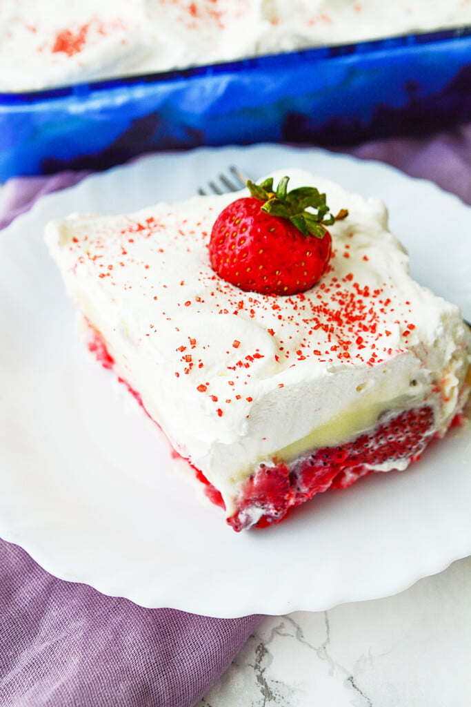 sweet and yummy strawberry angel food cake with whipped cream and vanilla pudding