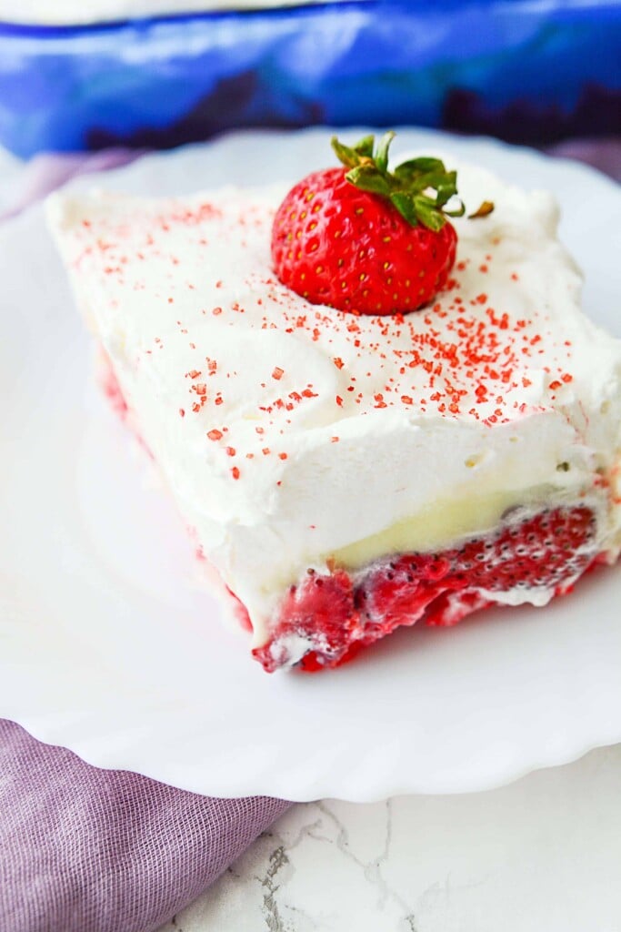 sweet and yummy strawberry angel food cake with whipped cream and vanilla pudding