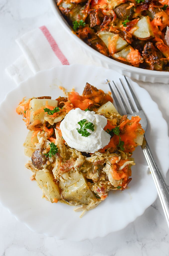 Incredibly tasty chicken ranch potato bake with bacon, cheese, ranch, sour cream and basically everything that is right about life.