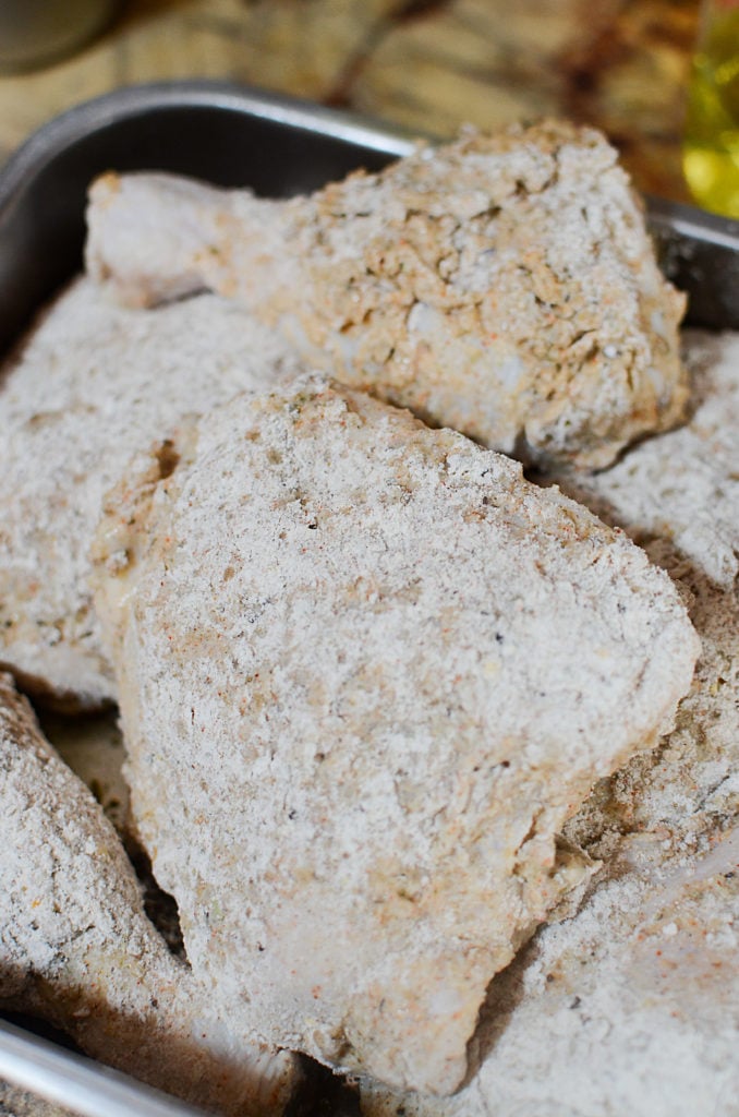 The brined and breaded chicken is ready for the fryer!