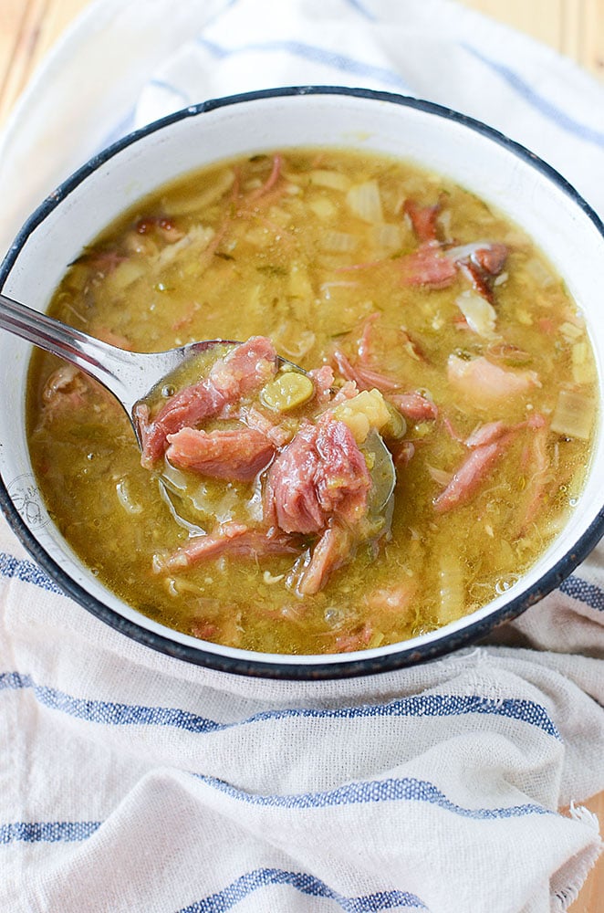 Slow cooker Smoked Pork Hock Soup with Peas. Smoky and hearty, this soup is filled with amazing flavor that's frugal to make and tasty to eat. Much like your ham and split pea soup, this soup has a smokier pulled pork flavor and texture. 