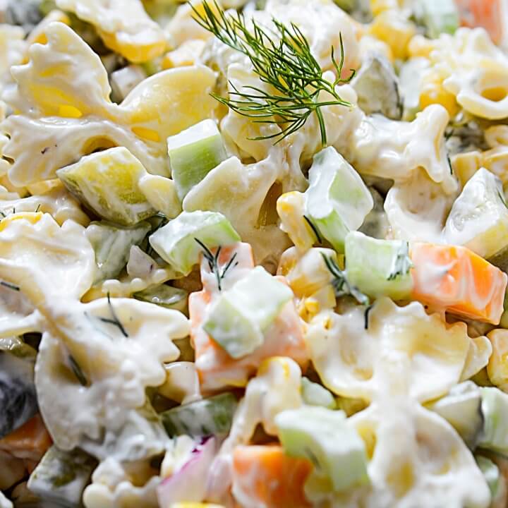 Super yummy and delicious dill pickle veggie pasta salad! Bring this salad to any bbq or cookout, and you have a winner!