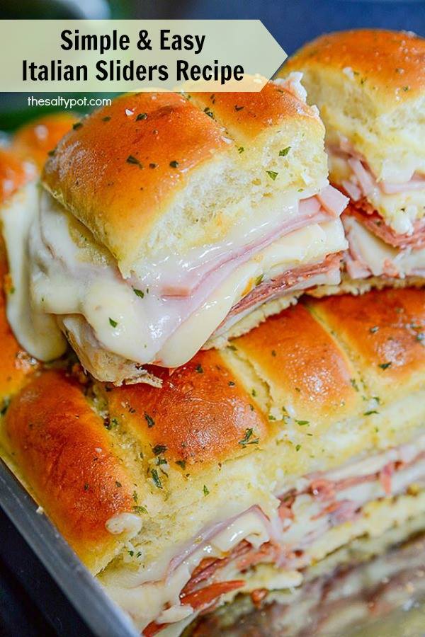Super easy Italian sliders are perfect for party food and feeding a crowd!! #thesaltypot #sliders #partyfood #easyrecipes #italianflavors