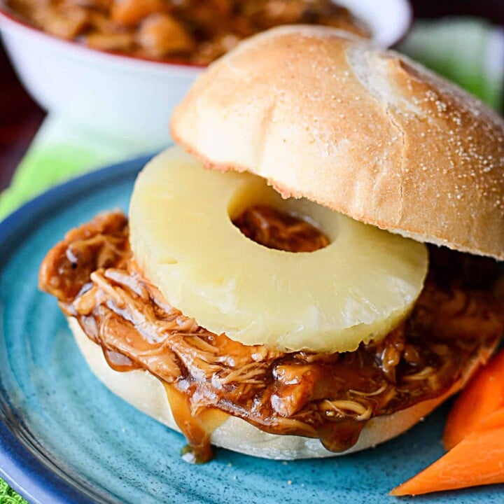 This Crock Pot Teriyaki Chicken Recipe is perfect served on buns with a slice of pineapple! Even picky eaters will love this slow cooker chicken dish!