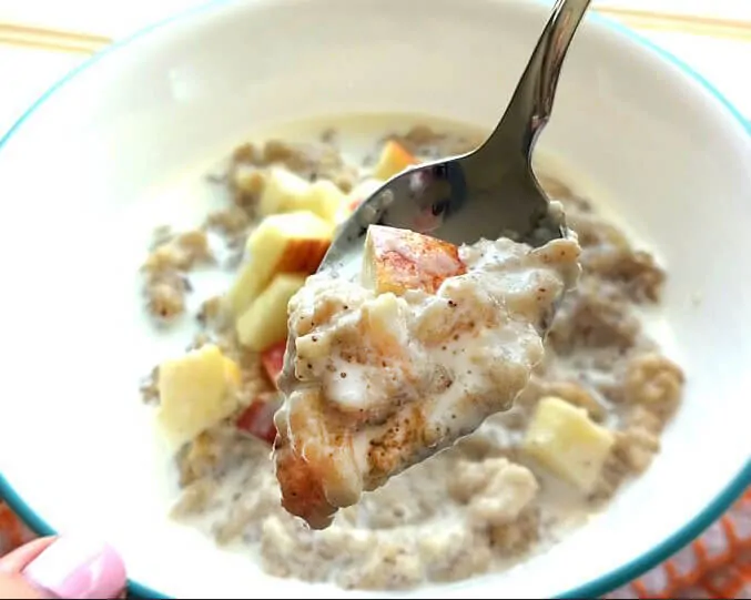 Crock Pot Apple Cinnamon Steel Cut Oats in a white bowl with a spoonful of the oats in front of the bowl.