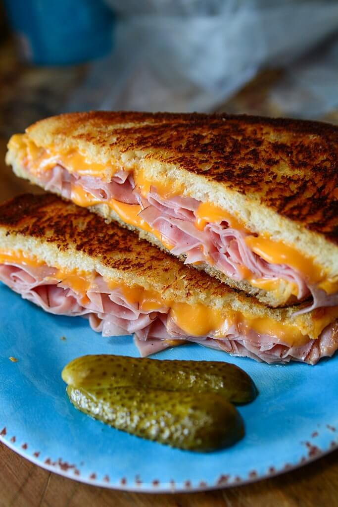 A ham and cheese sandwich that's been grilled sitting on a plate.