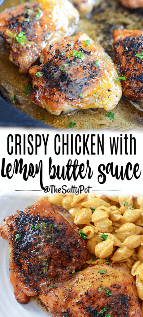 crispy chicken thighs with buttery lemon sauce! So delicious, so crispy and flavorful, and it's a SNAP to make!!
