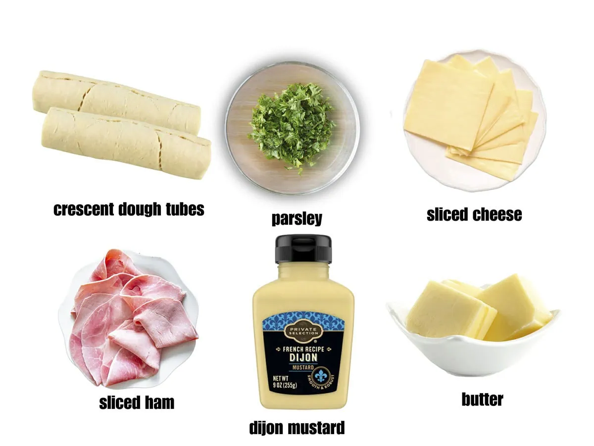 Ingredient list image for hot ham sandwiches. Crescent dough tubes, parsley, sliced cheese, butter, dijon mustard, sliced ham