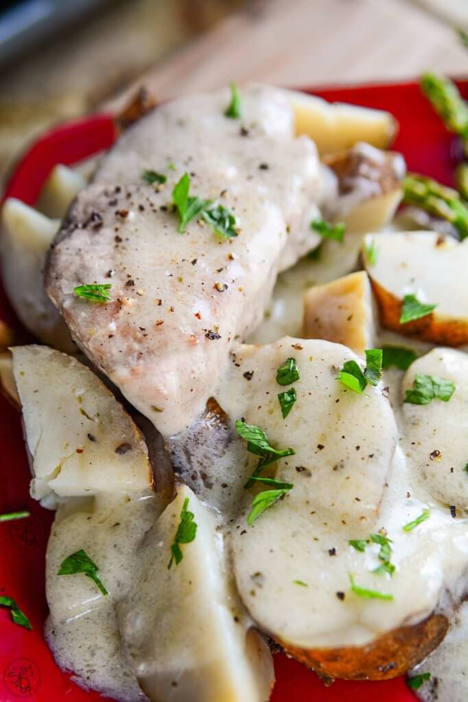 A finished close up look at a sauce covered pork chop sitting on a bed of saucy potatoes. The delicious food is all plated on a square, red plate.