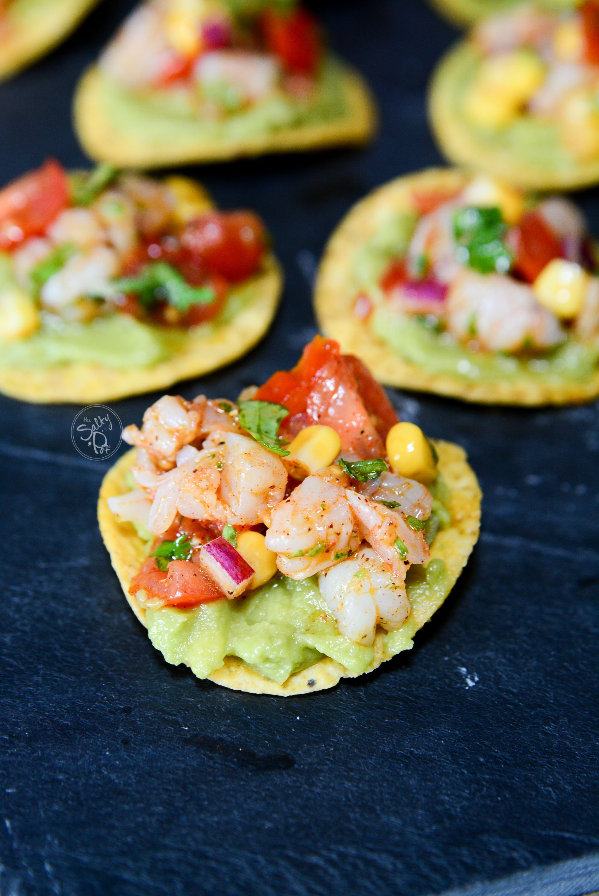 Chili Lime Shrimp on a tortilla round.