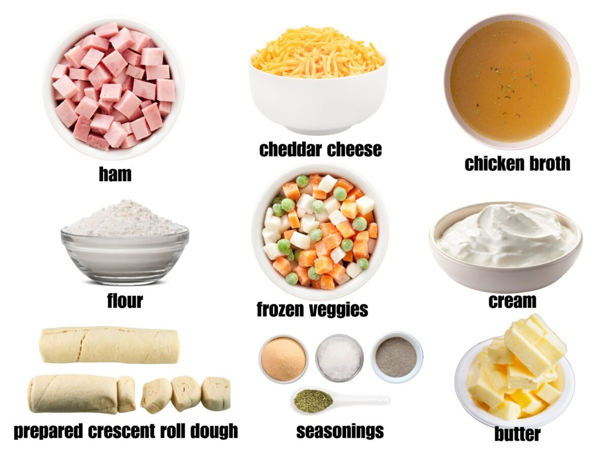 Ham pot pie ingredient image. Ham, cheese, broth, flour, vegetables, pastry, seasonings and butter.