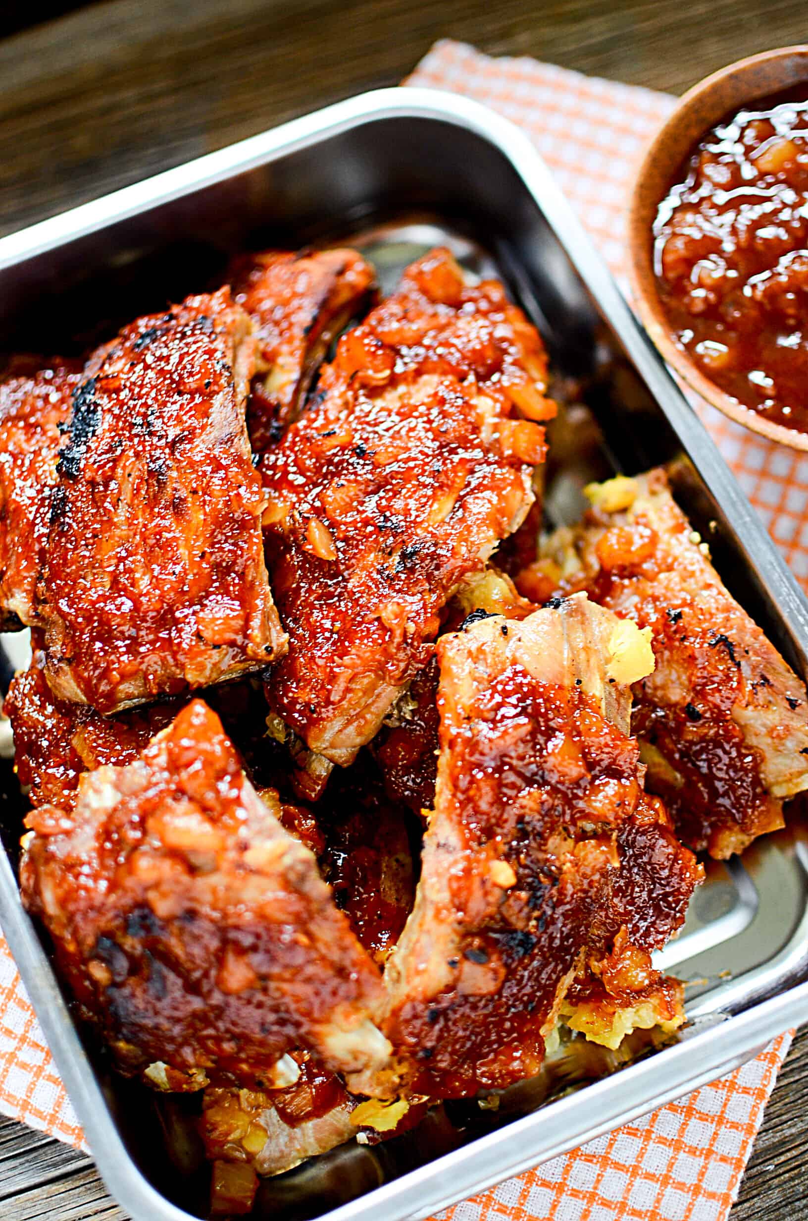 Pineapple BBQ Instant Pot Ribs - Pan with delicious cooked ribs.