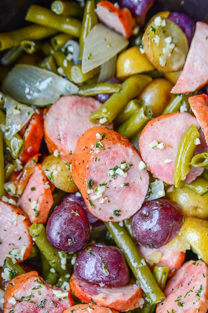 Slow Cooker Sausage Casserole With Green Beans And Potatoes - Colorful food in slow cooker