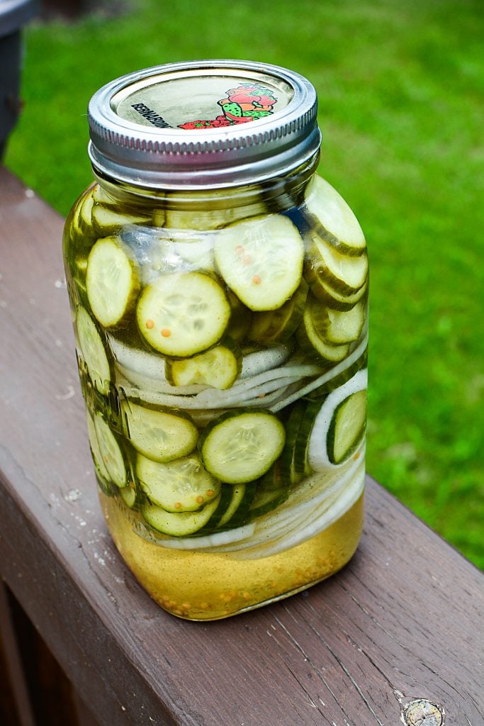 Freshly packed refrigerator pickles in a mason jar.