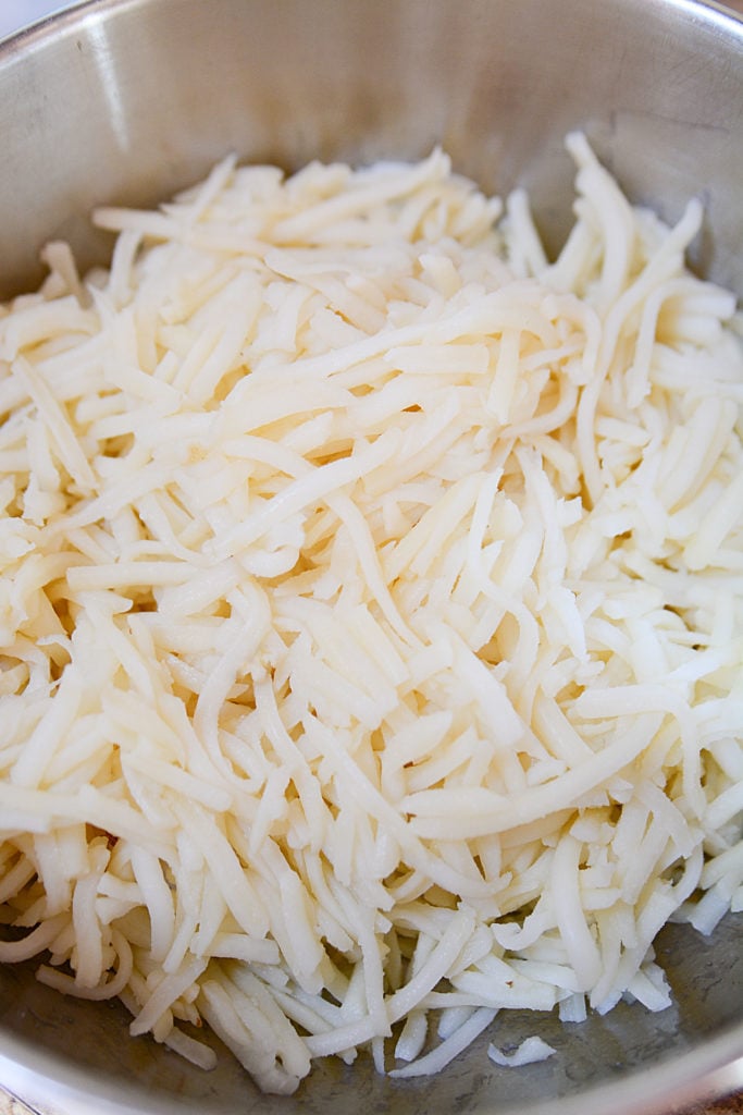 Hashbrowns ready for Cheesy ham and hashbrown casserole