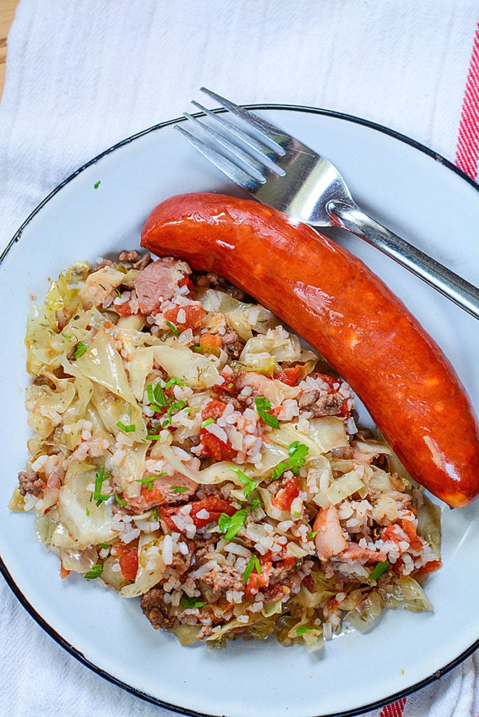  a plate of lazy cabbage rolls with sausage