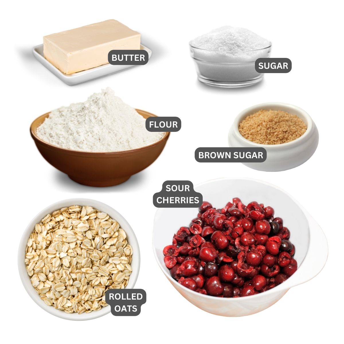Ingredient image for sour cherry crisp. Butter, sugar (white and brown), sour cherries, flour and oats.
