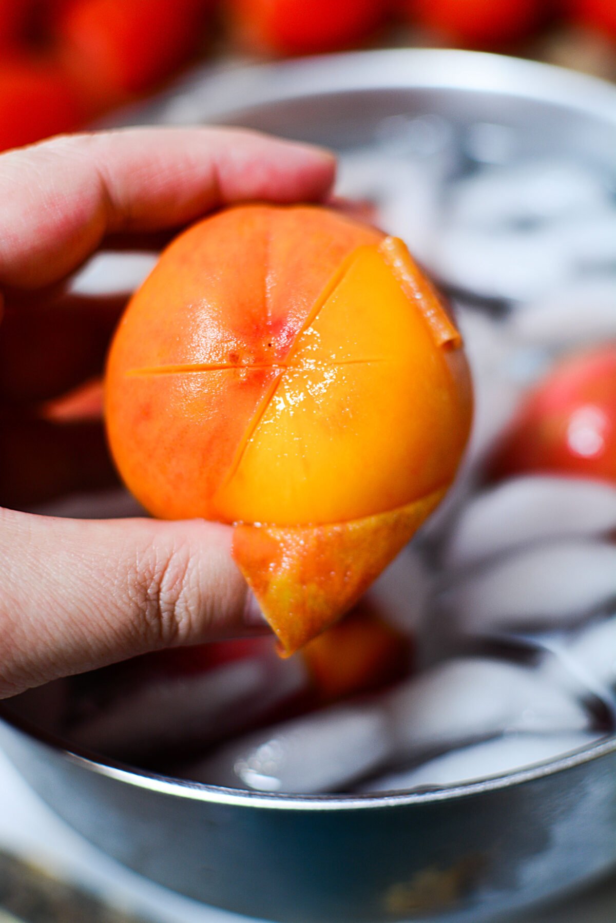 A peach that's being peeled after having been blanched.