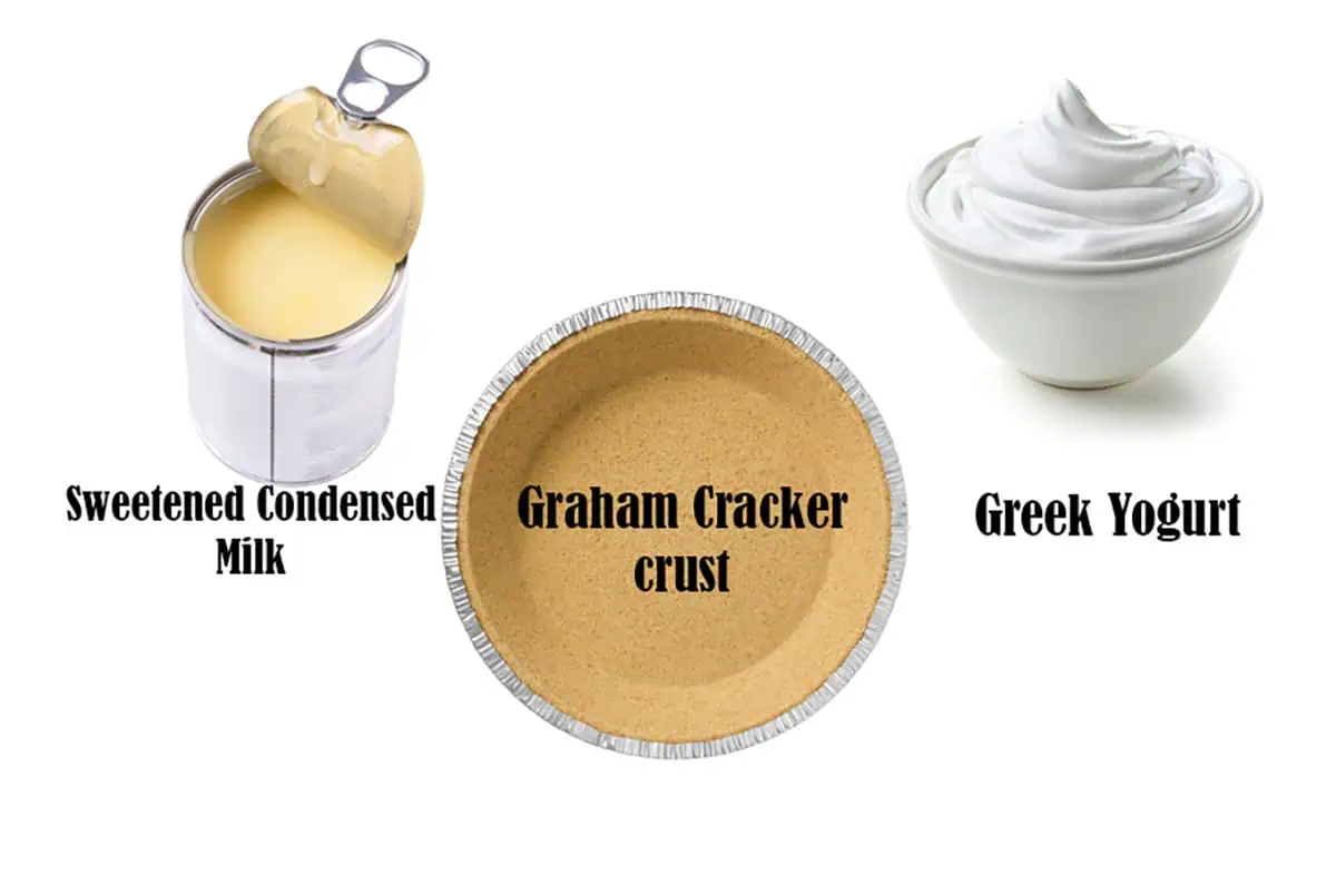 Ingredient photo. (Left to Right) - sweetened condensed milk, graham cracker crust, greek yogurt.