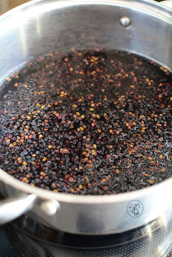 An image of dried elderberries in a deep cooking pot with water on top of a stove