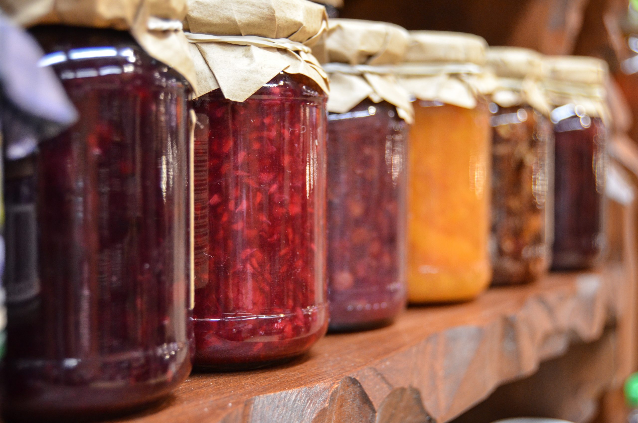 Jams and jellies lined up.