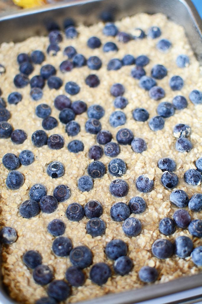 Yummy juicy fresh blueberries pressed slightly into the top of the oatmeal mixture. Ready for the oven!