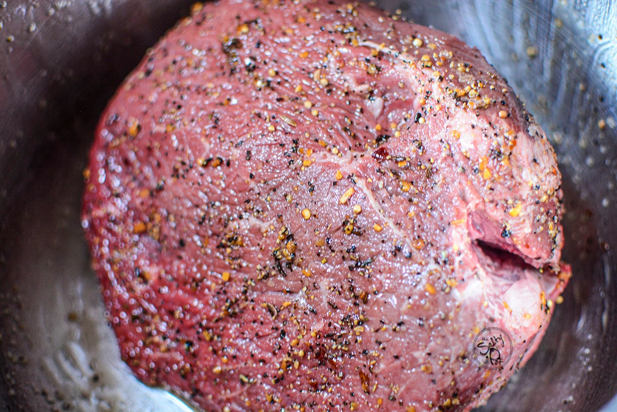 The roast is seasoned with montreal steak seasoning.