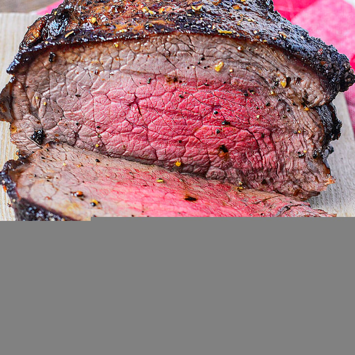 Air fryer roast beef cooked to medium rare.