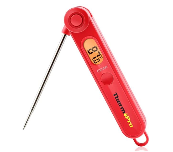 A red ThermoPro digital thermometer.