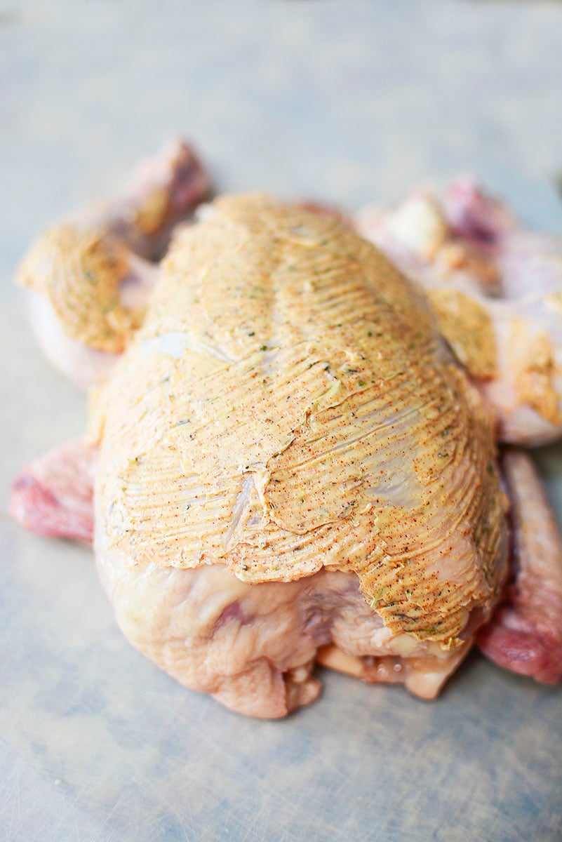 A cornish hen with seasoned butter spread over the breast and legs, ready to be air fried.
