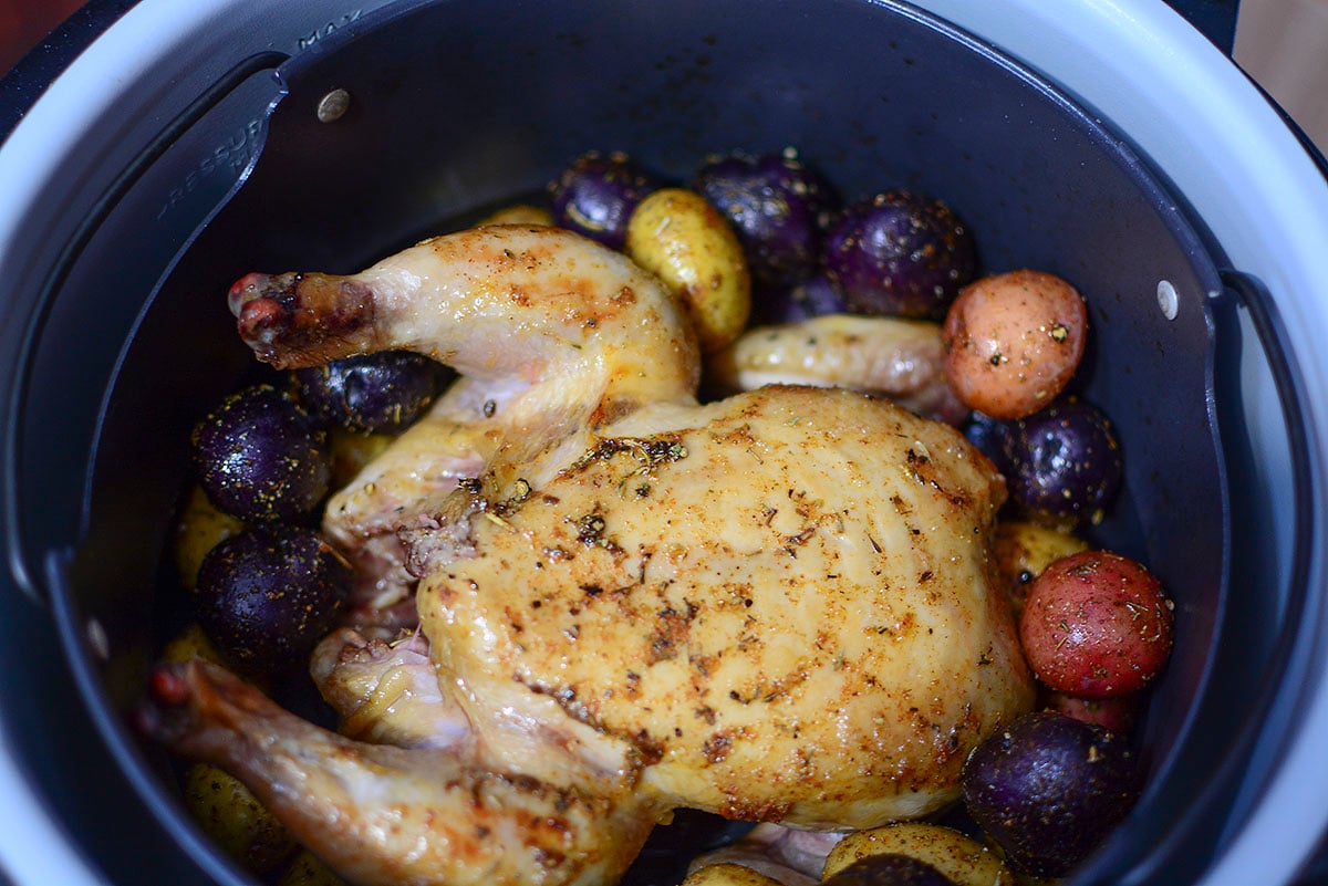 The cornish hen in the air fryer basket before being basted.