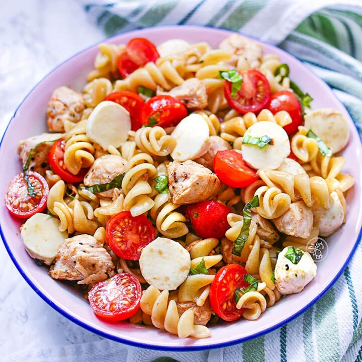 Caprese salad in an enamel bowl.