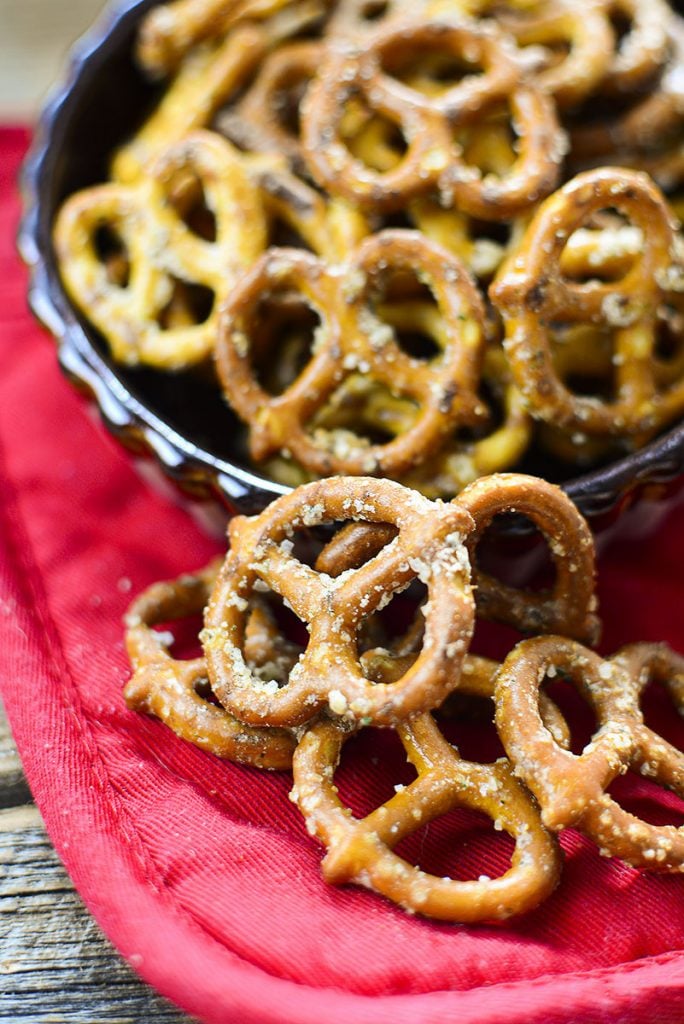 This closeup photo of the pretzels, you can see how all that yummy garlic ranch seasoning has been absorbed into the pretzel. Yummy!