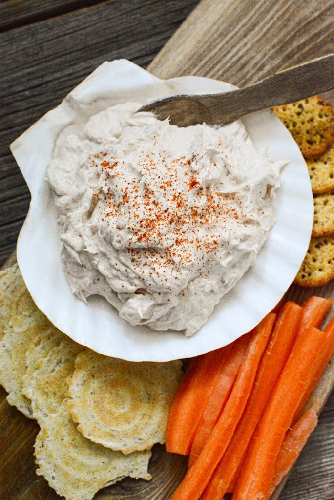 This pretty dip is served in a scallop shell surrounded with carrots and crackers!