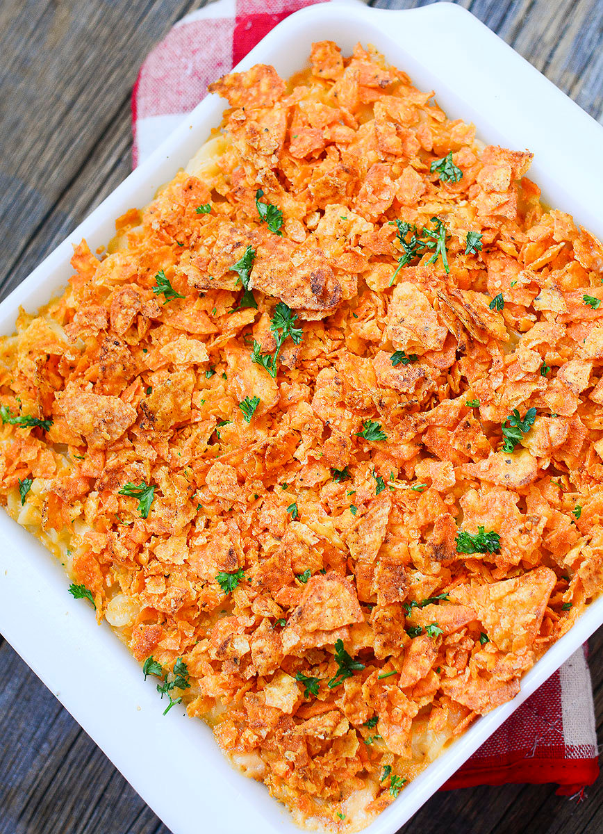 Baked mac and cheese casserole with doritos topping. 