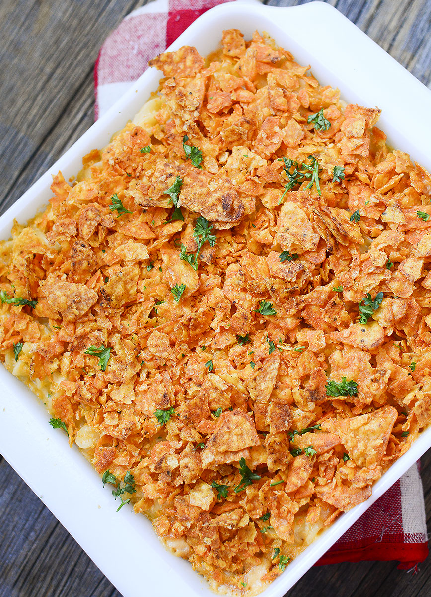 Doritos Mac and Cheese Casserole with parsley garnished on top.