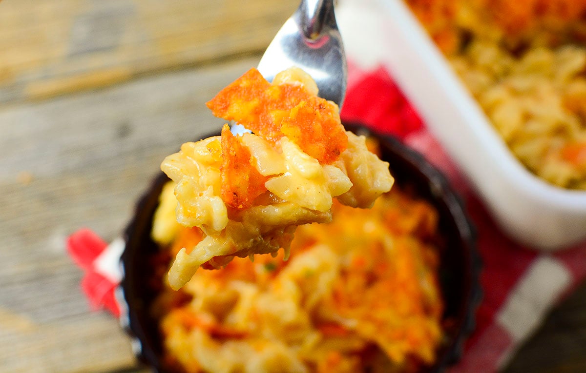 A forkful of the macaroni casserole.