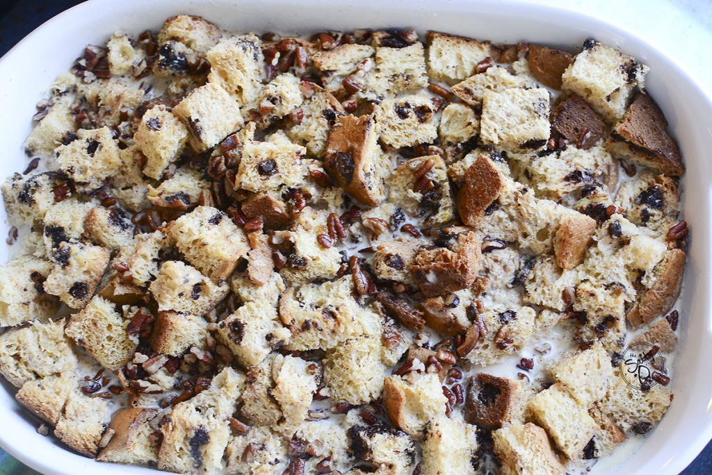 The bread pudding ready to go in the oven.