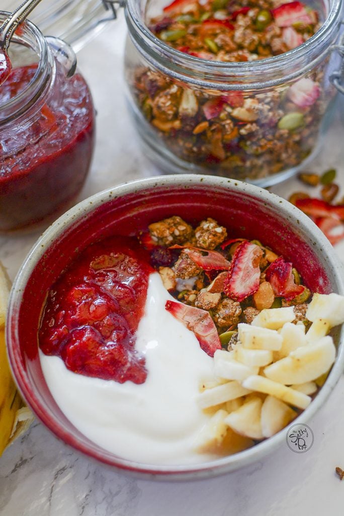 A close up photo of the goodies in the granola bowl. 