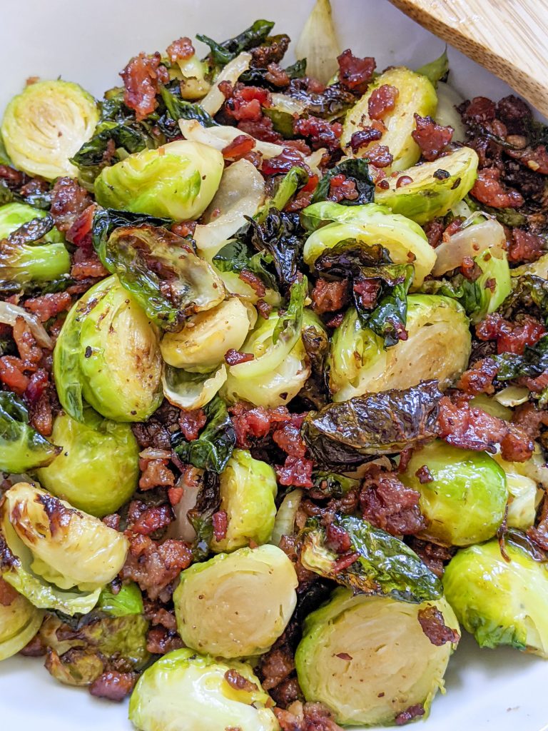 A close up photo of the brussel sprout side dish.