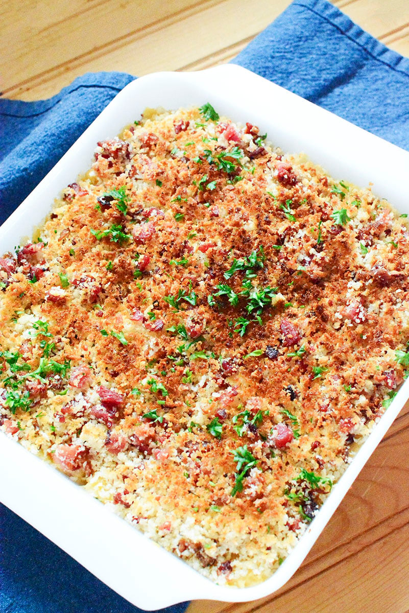 Rutabaga mash casserole in a white baking dish.